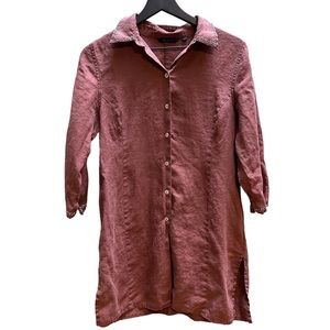 Boden rusted Brown linen button up tunic, three quarter length sleeves
